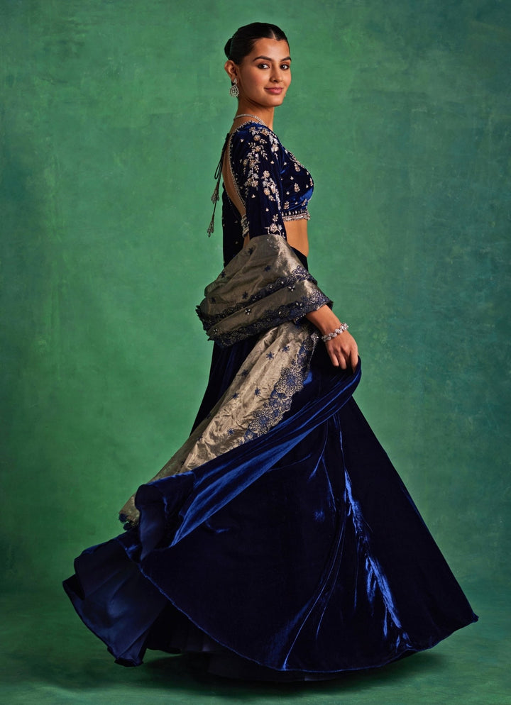 Blue Velvet Lehenga Set With Gold Dupatta Sanya Gulati - Fabilicious Fashion