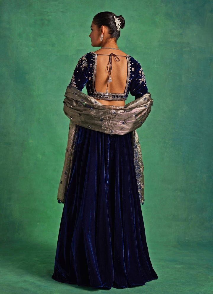 Blue Velvet Lehenga Set With Gold Dupatta Sanya Gulati - Fabilicious Fashion