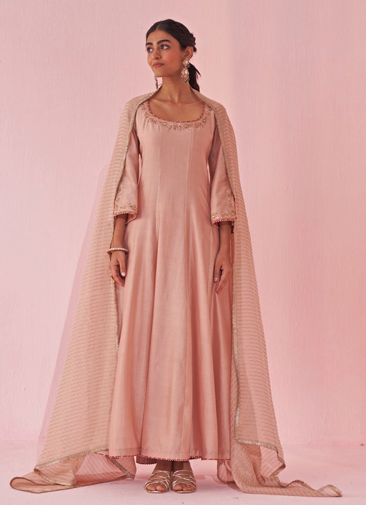 Blush Pink Chanderi Silk Embroidered Anarkali Pants Set Studio Bagechaa - Fabilicious Fashion