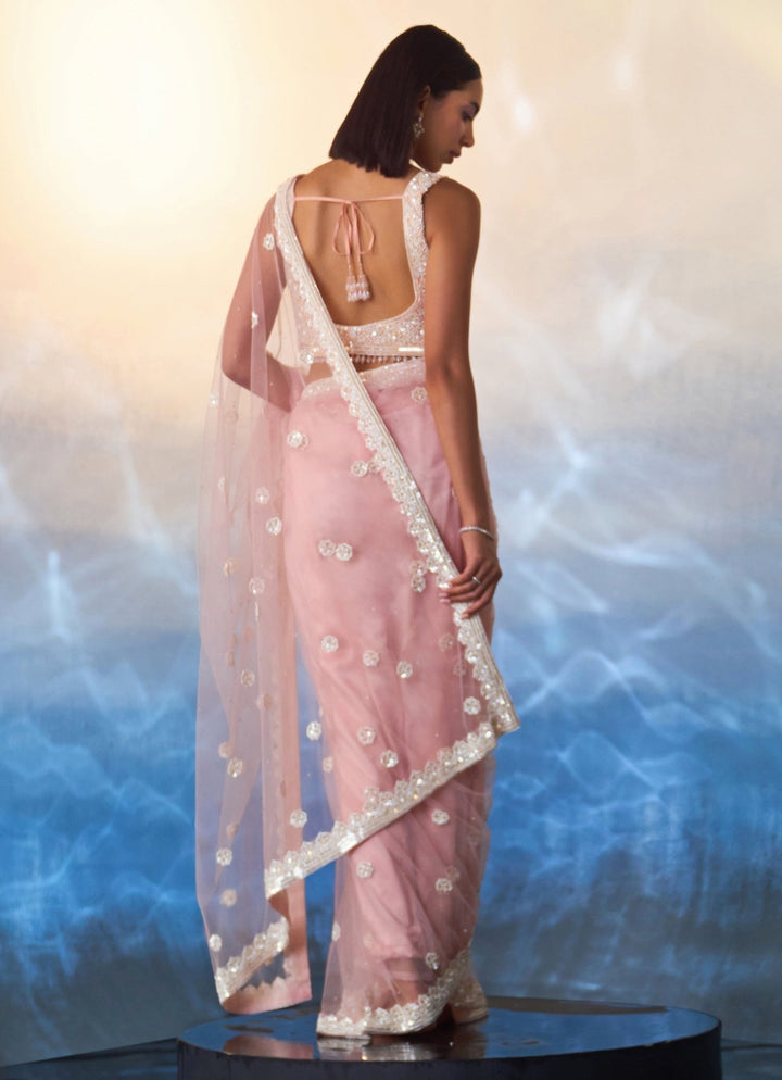 Blush Pink Embellished Net Saree Angad Singh - Fabilicious Fashion