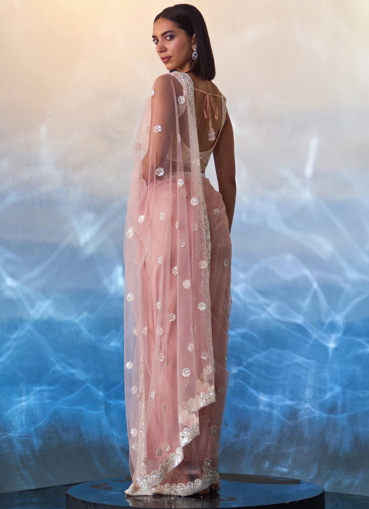 Blush Pink Embellished Net Saree Angad Singh - Fabilicious Fashion