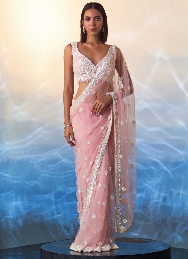 Blush Pink Embellished Net Saree Angad Singh - Fabilicious Fashion