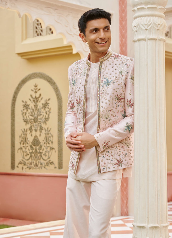 Blush Pink Embroidered Bandhgala Jacket Set Contrast By Parth - Fabilicious Fashion