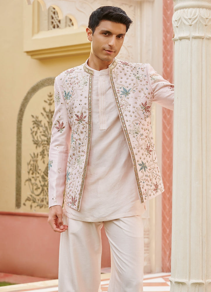 Blush Pink Embroidered Bandhgala Jacket Set Contrast By Parth - Fabilicious Fashion