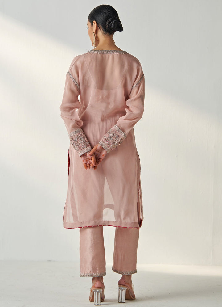 Blush Pink Embroidered Organza Kurta Pant Set Studio Bagechaa - Fabilicious Fashion