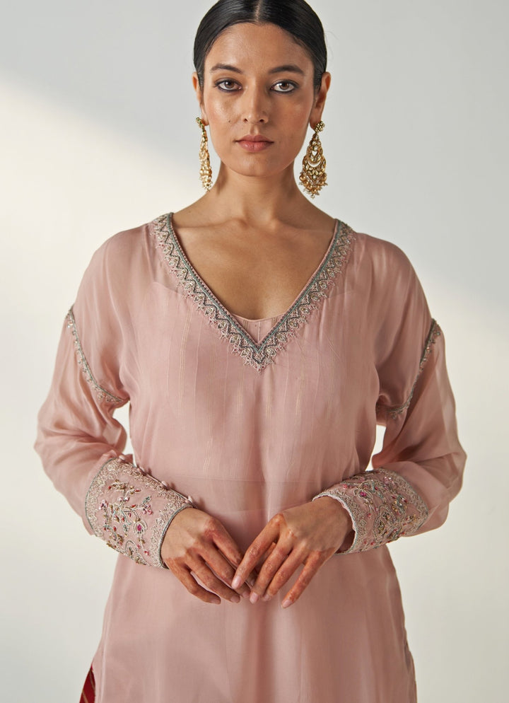 Blush Pink Embroidered Organza Kurta Pant Set Studio Bagechaa - Fabilicious Fashion