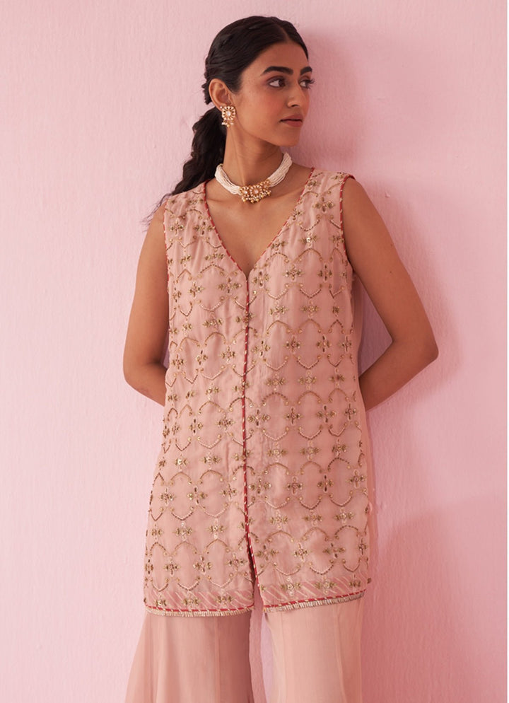 Blush Pink Embroidered Organza Kurta Sharara Set Studio Bagechaa - Fabilicious Fashion