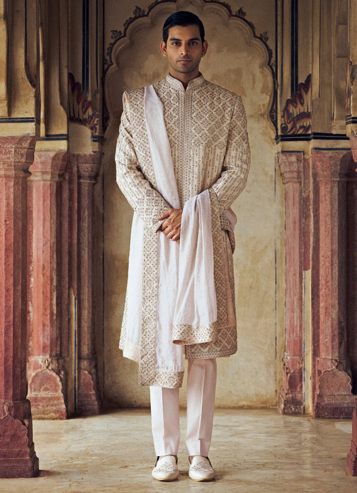 Blush Pink Embroidered Silk Sherwani Set Nitika Gujral - Men - Fabilicious Fashion