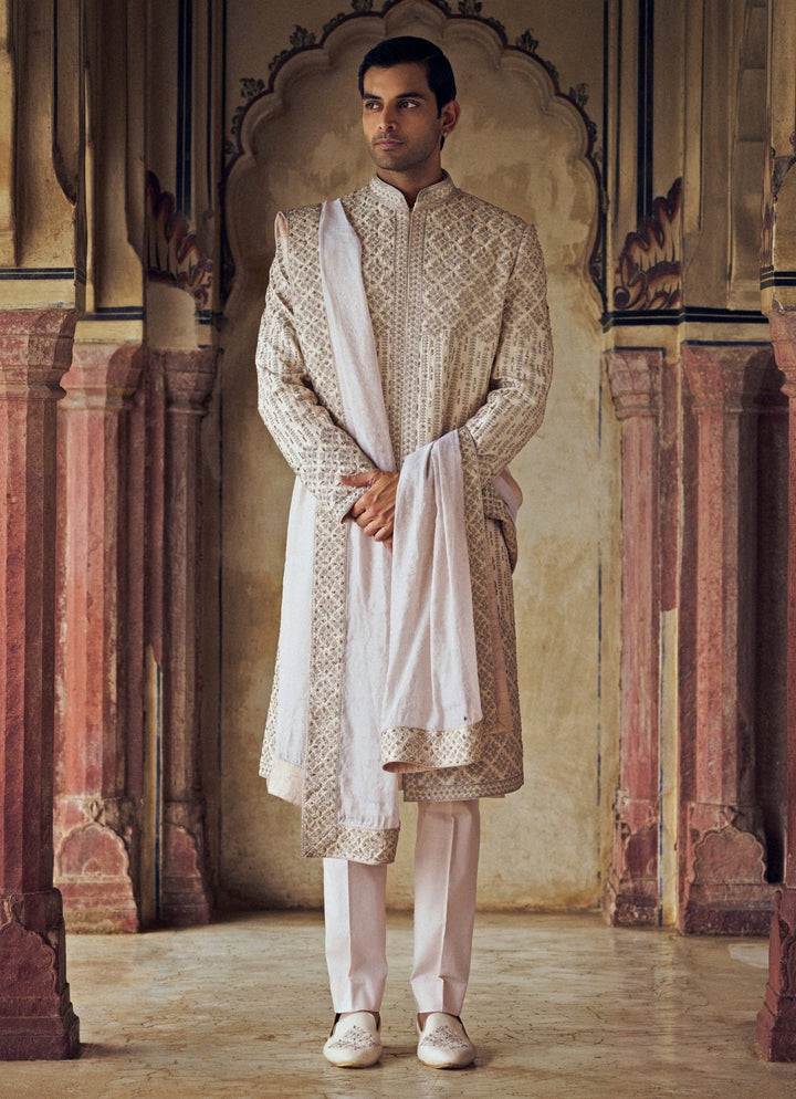 Blush Pink Embroidered Silk Sherwani Set Nitika Gujral - Men - Fabilicious Fashion