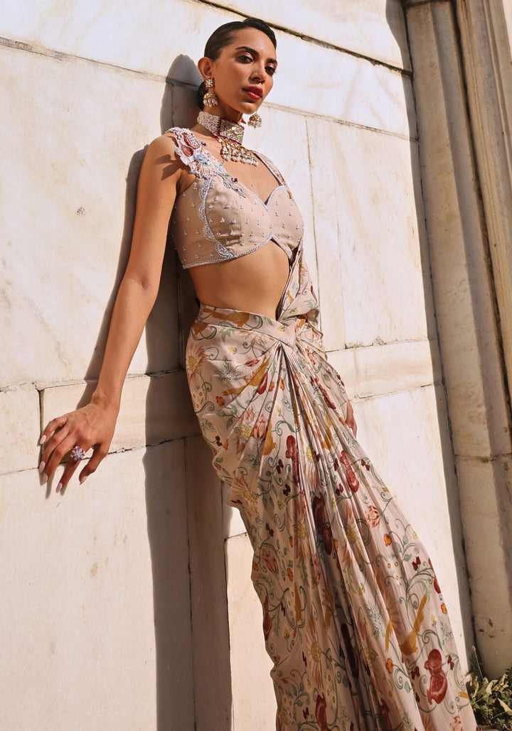 Blush Pink Printed Saree Skirt set Seema Thukral - Fabilicious Fashion