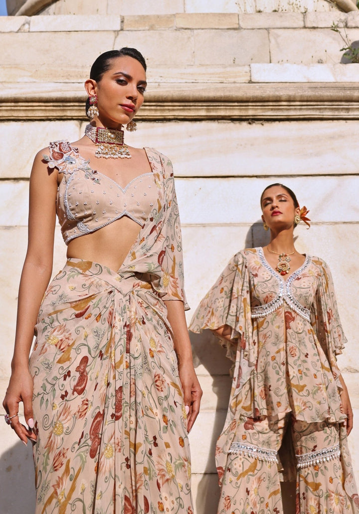 Blush Pink Printed Saree Skirt set Seema Thukral - Fabilicious Fashion