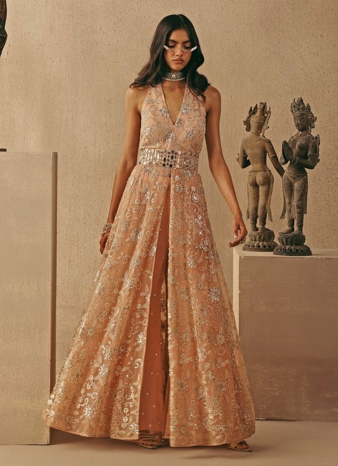 strapless open back dress Twenty Nine — Blush Pink Soft Net Halter Slit Dress With Pants –  Fabilicious Fashion