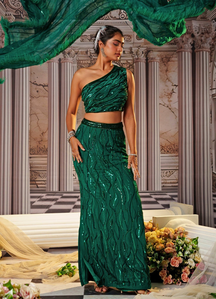 Bottle Green Sequin Embroidered Lehenga With One Shoulder Blouse Nidhika Shekhar - Fabilicious Fashion