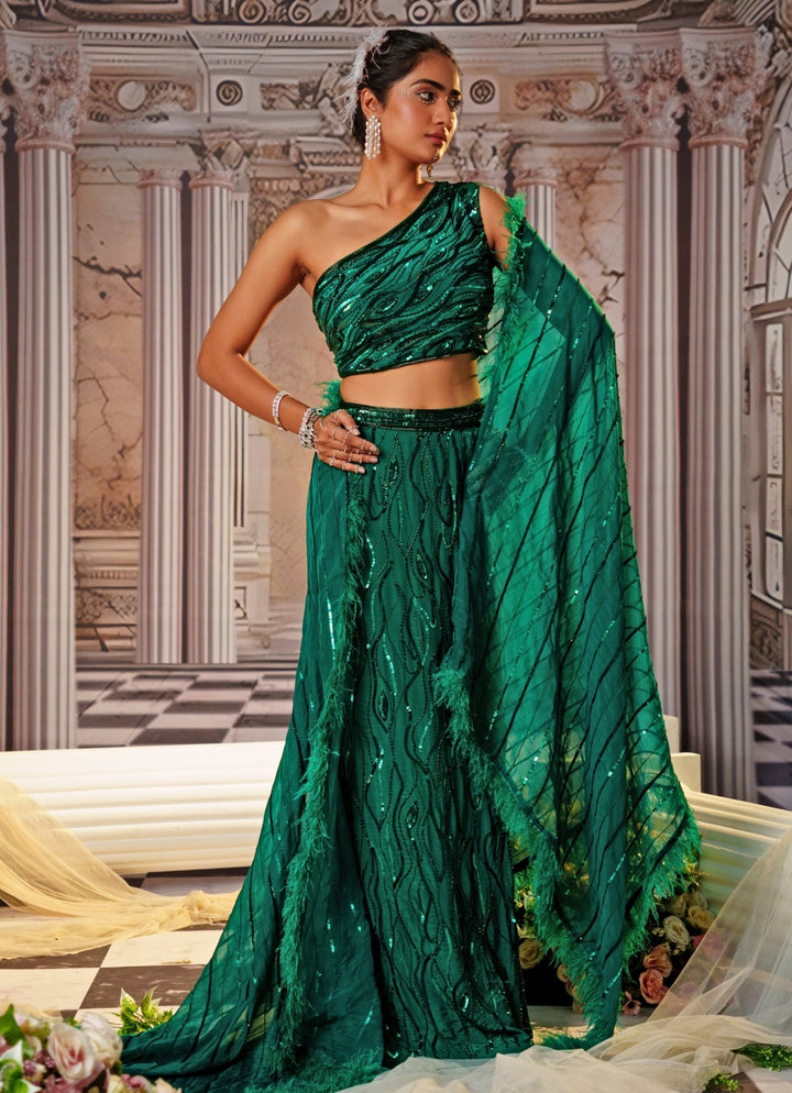 Bottle Green Sequin Embroidered Lehenga With One Shoulder Blouse Nidhika Shekhar - Fabilicious Fashion