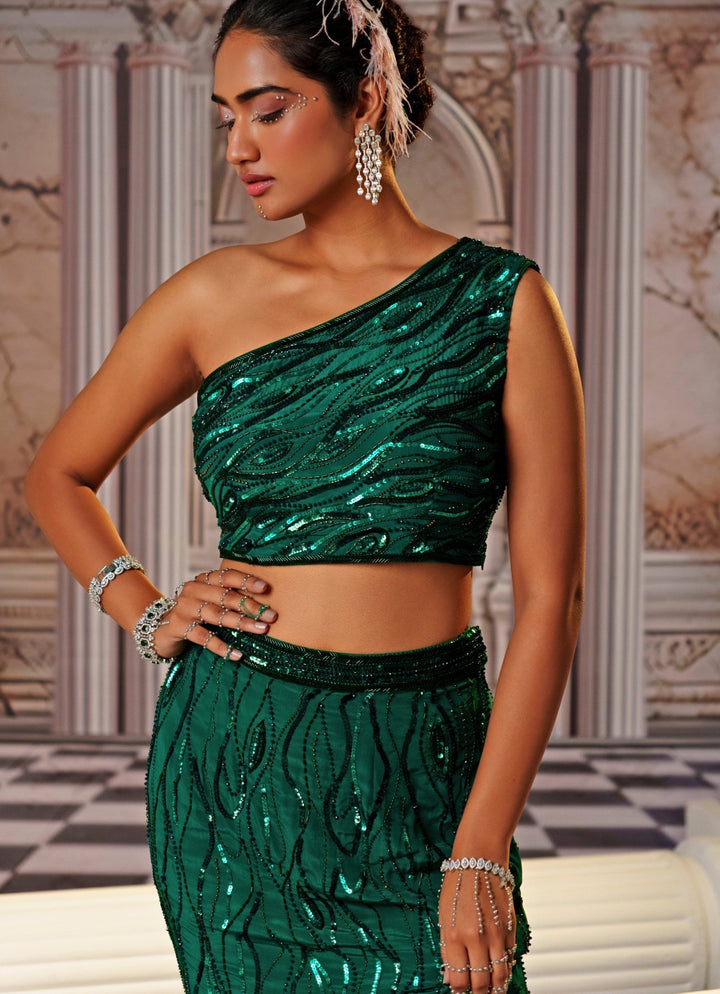 Bottle Green Sequin Embroidered Lehenga With One Shoulder Blouse Nidhika Shekhar - Fabilicious Fashion