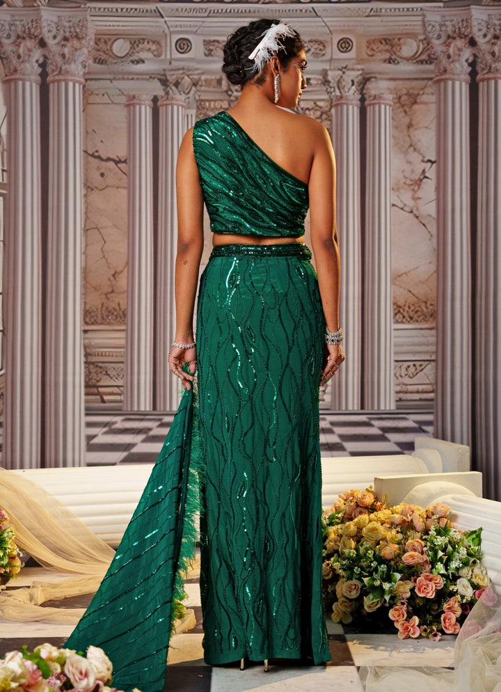Bottle Green Sequin Embroidered Lehenga With One Shoulder Blouse Nidhika Shekhar - Fabilicious Fashion