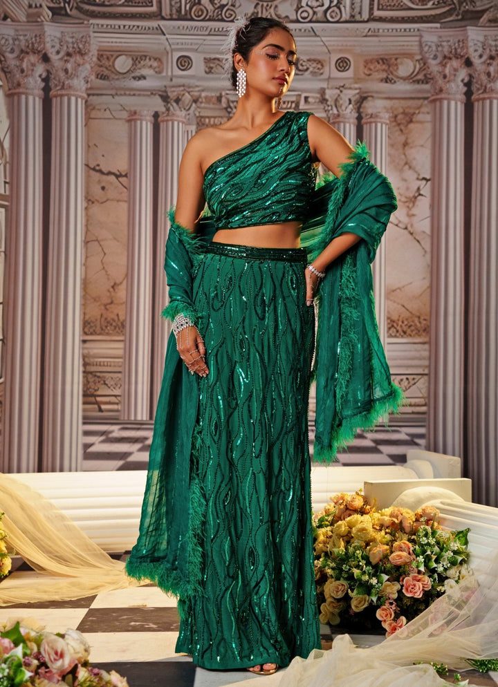 Bottle Green Sequin Embroidered Lehenga With One Shoulder Blouse Nidhika Shekhar - Fabilicious Fashion