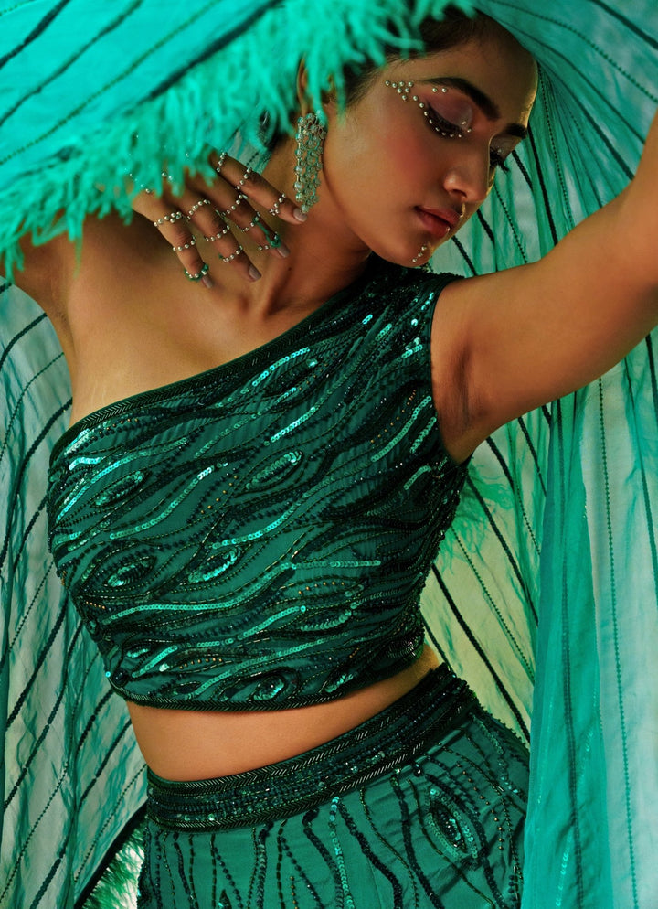 Bottle Green Sequin Embroidered Lehenga With One Shoulder Blouse Nidhika Shekhar - Fabilicious Fashion