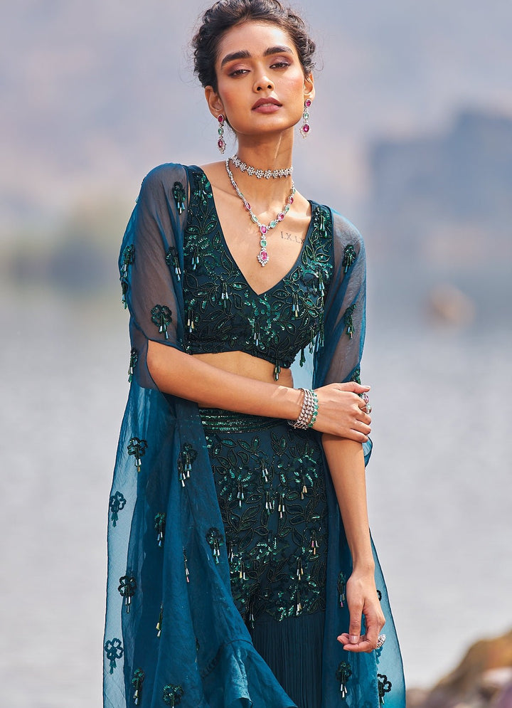 Bottle Green Sharara Set With Embroidered Cape Nidhika Shekhar - Fabilicious Fashion