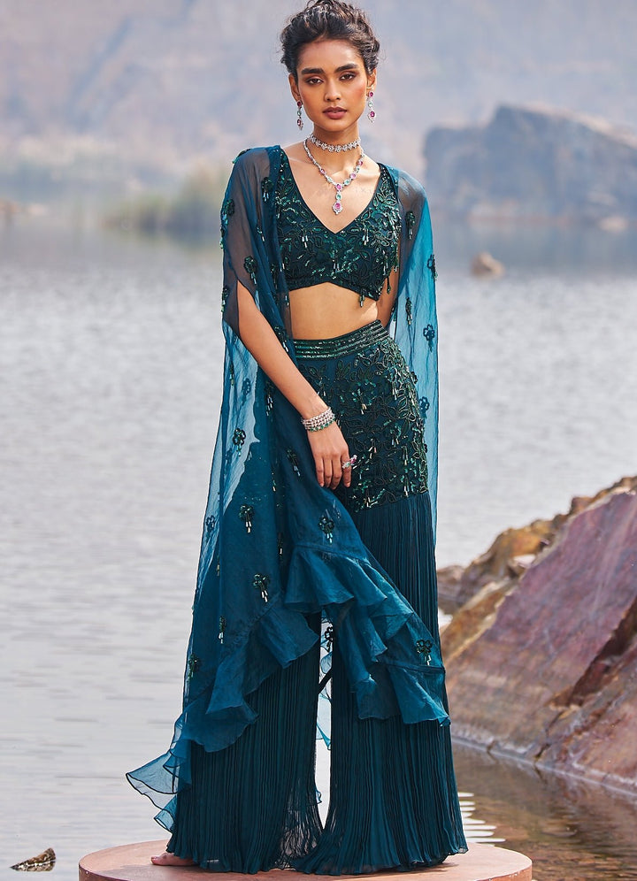 Bottle Green Sharara Set With Embroidered Cape Nidhika Shekhar - Fabilicious Fashion
