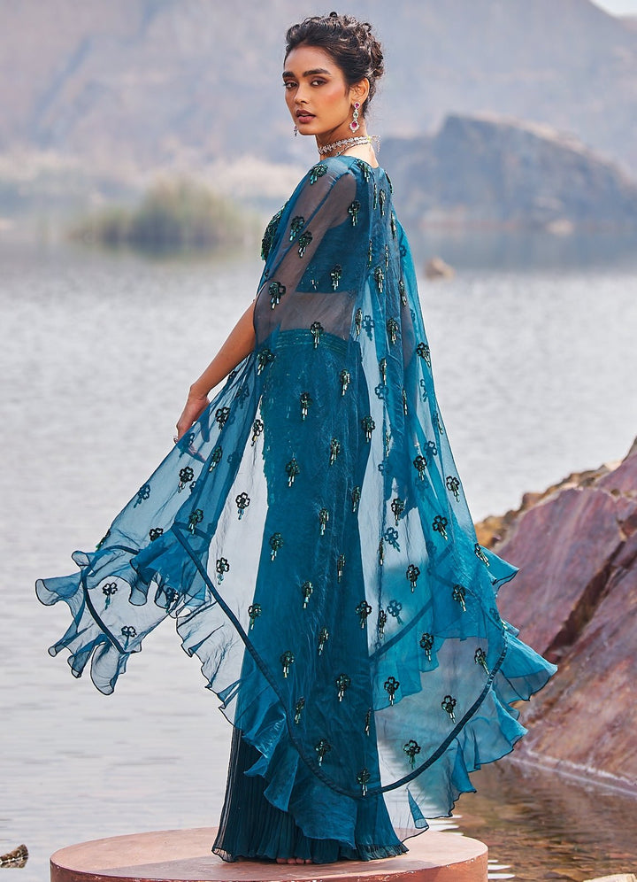 Bottle Green Sharara Set With Embroidered Cape Nidhika Shekhar - Fabilicious Fashion