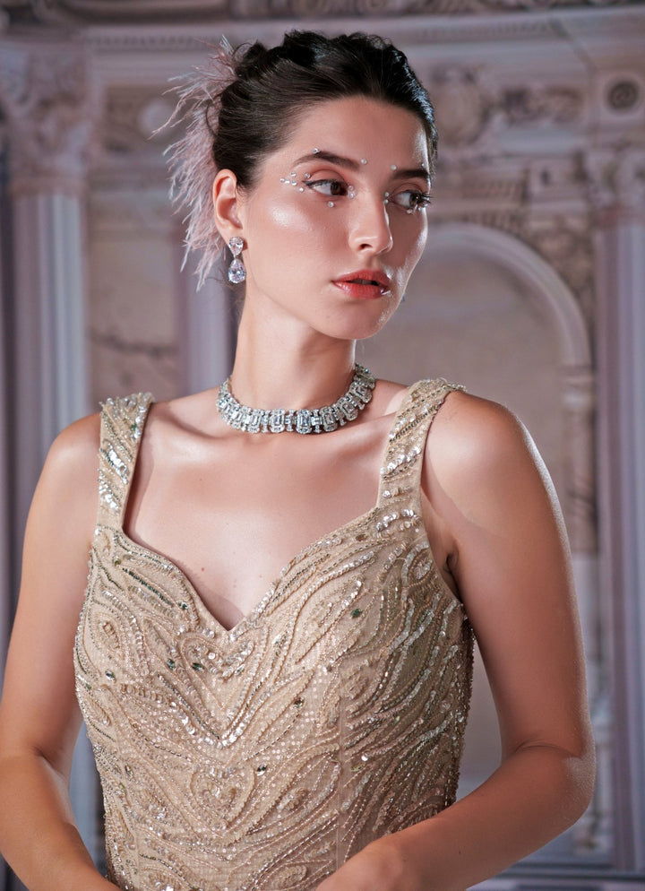 Champagne Embroidered Mermaid Gown Nidhika Shekhar - Fabilicious Fashion