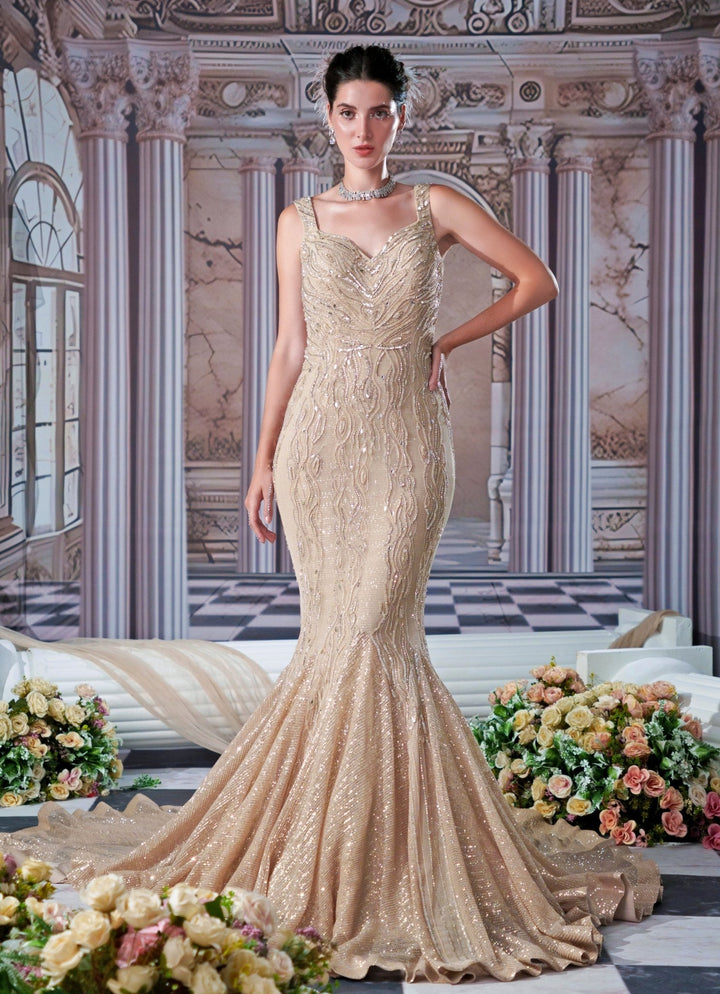 Champagne Embroidered Mermaid Gown Nidhika Shekhar - Fabilicious Fashion