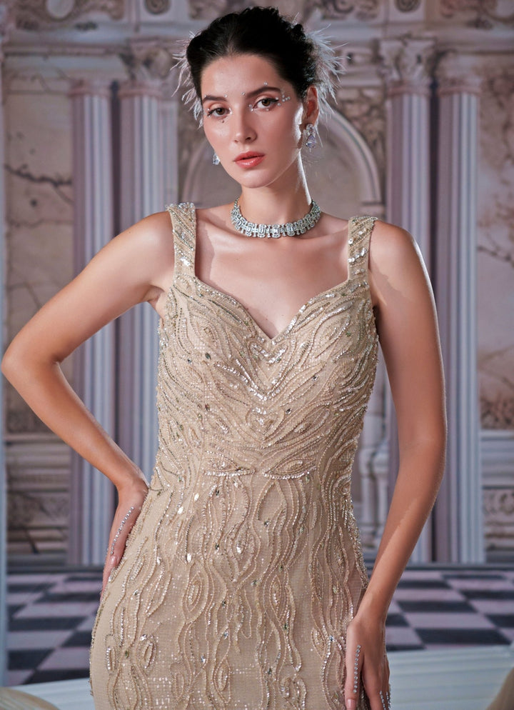 Champagne Embroidered Mermaid Gown Nidhika Shekhar - Fabilicious Fashion