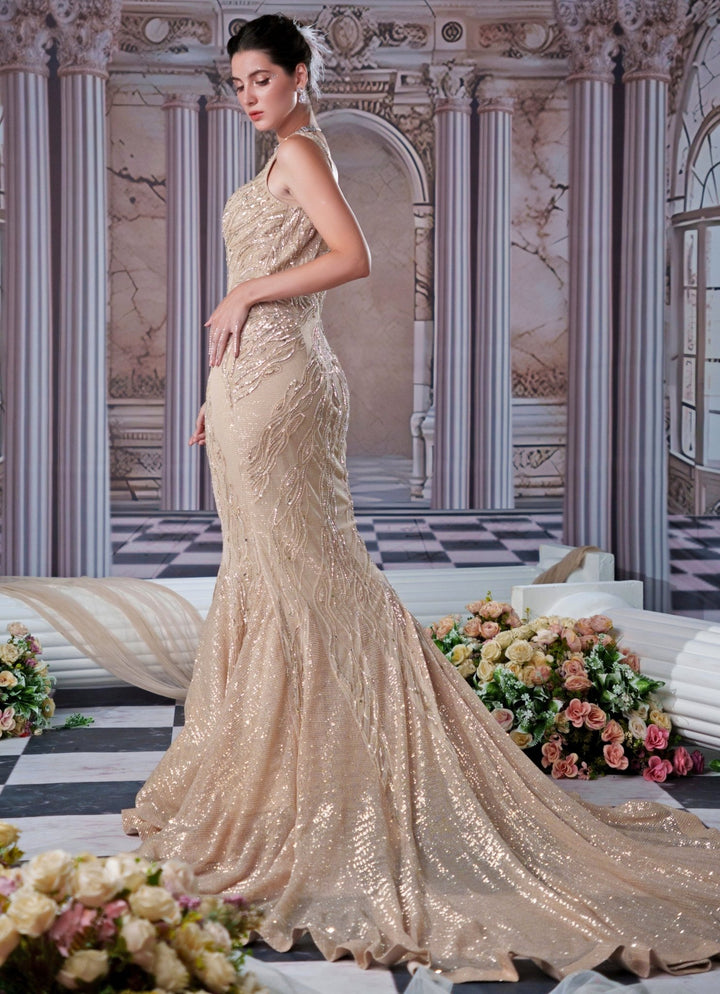 Champagne Embroidered Mermaid Gown Nidhika Shekhar - Fabilicious Fashion