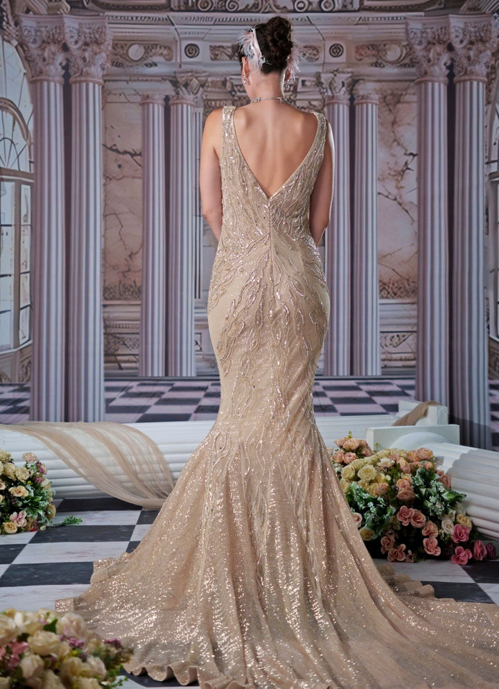 Champagne Embroidered Mermaid Gown Nidhika Shekhar - Fabilicious Fashion