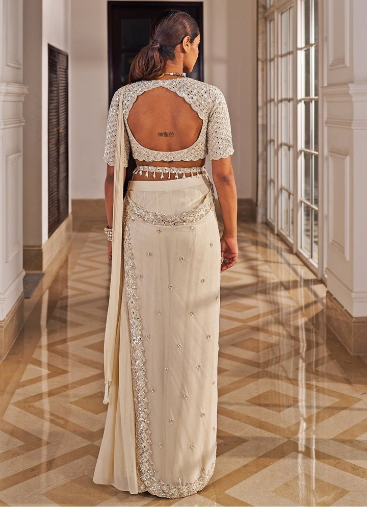 Champagne Georgette Predraped Saree Set Nidhika Shekar - Fabilicious Fashion