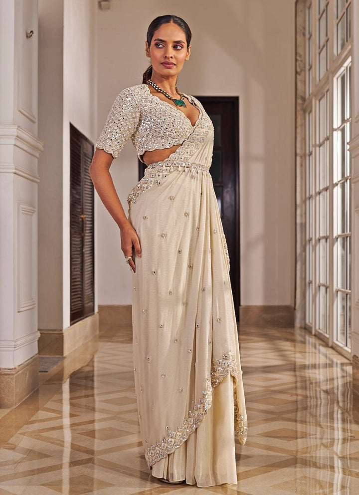 Champagne Georgette Predraped Saree Set Nidhika Shekar - Fabilicious Fashion