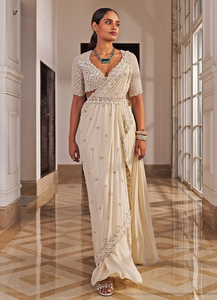 Champagne Georgette Predraped Saree Set Nidhika Shekar - Fabilicious Fashion