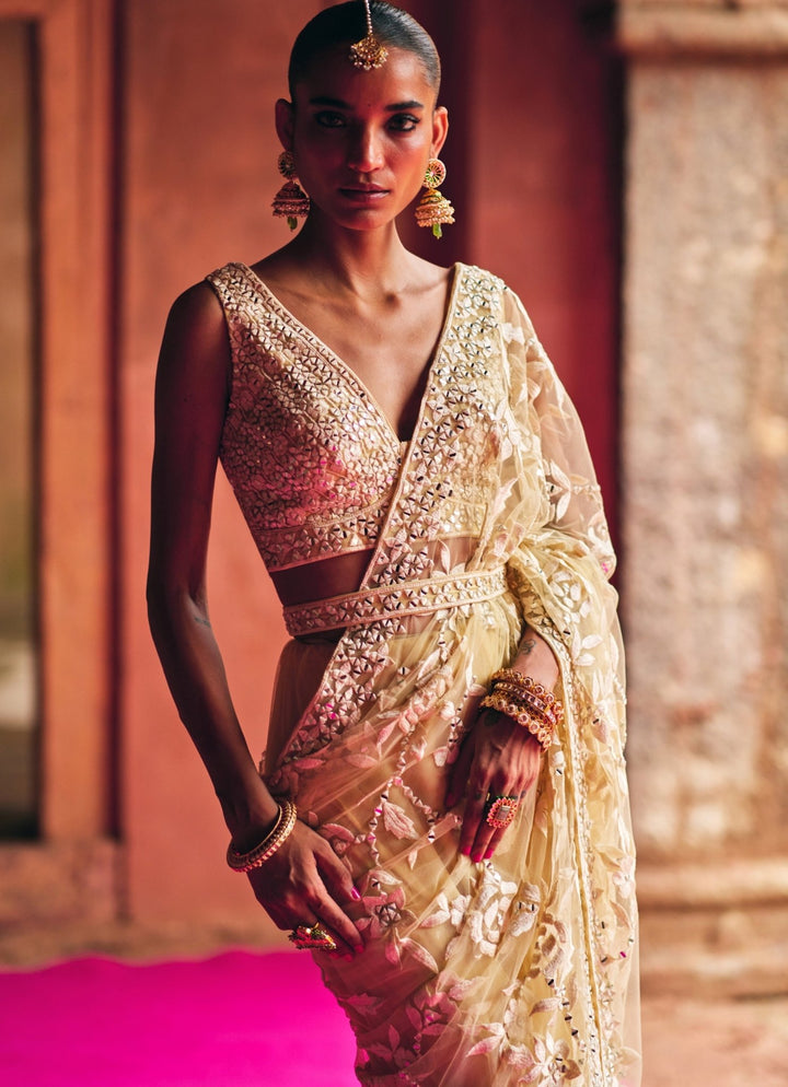 Champagne Gold Mirrorwork And Threadwork Soft Net Saree Angad Singh - Fabilicious Fashion