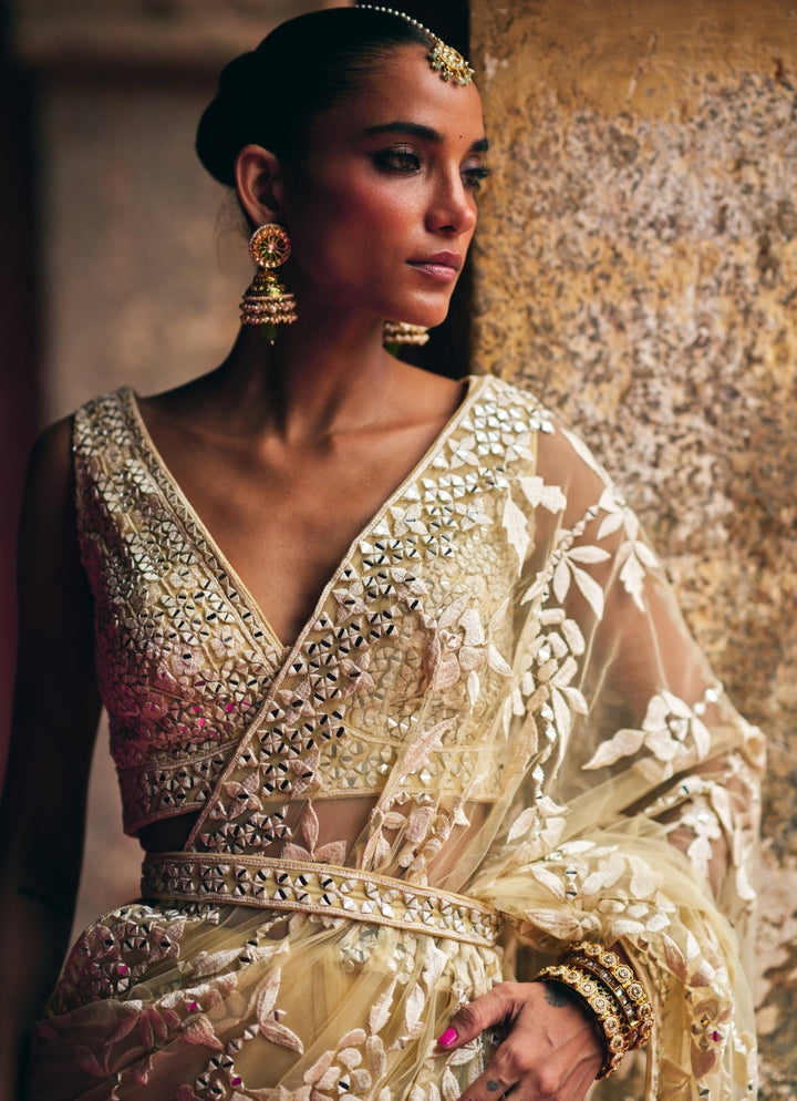 Champagne Gold Mirrorwork And Threadwork Soft Net Saree Angad Singh - Fabilicious Fashion