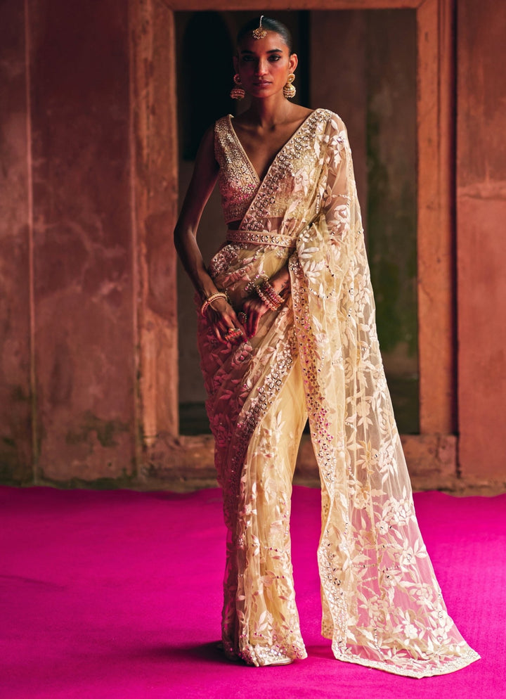 Champagne Gold Mirrorwork And Threadwork Soft Net Saree Angad Singh - Fabilicious Fashion