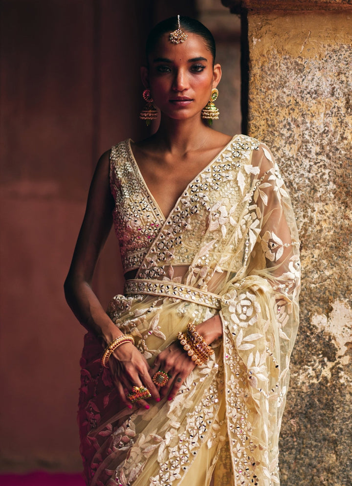 Champagne Gold Mirrorwork And Threadwork Soft Net Saree Angad Singh - Fabilicious Fashion