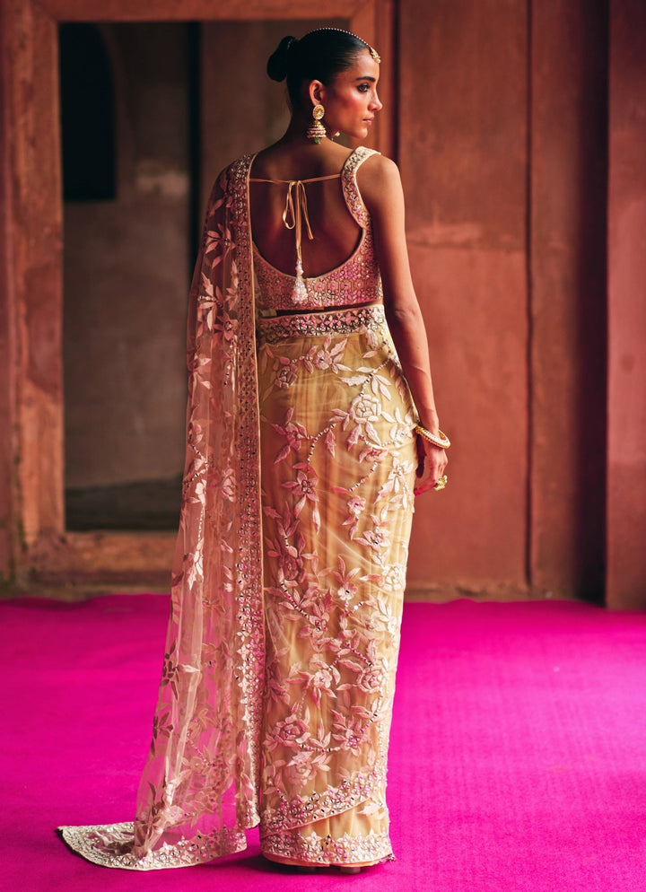 Champagne Gold Mirrorwork And Threadwork Soft Net Saree Angad Singh - Fabilicious Fashion