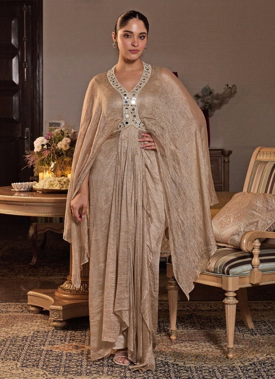 Seema Thukral Champagne Gold Tissue Draped Dress Fabilicious Fashion Seema Thukral Champagne Gold Tissue Draped Dress Fabilicious Fashion