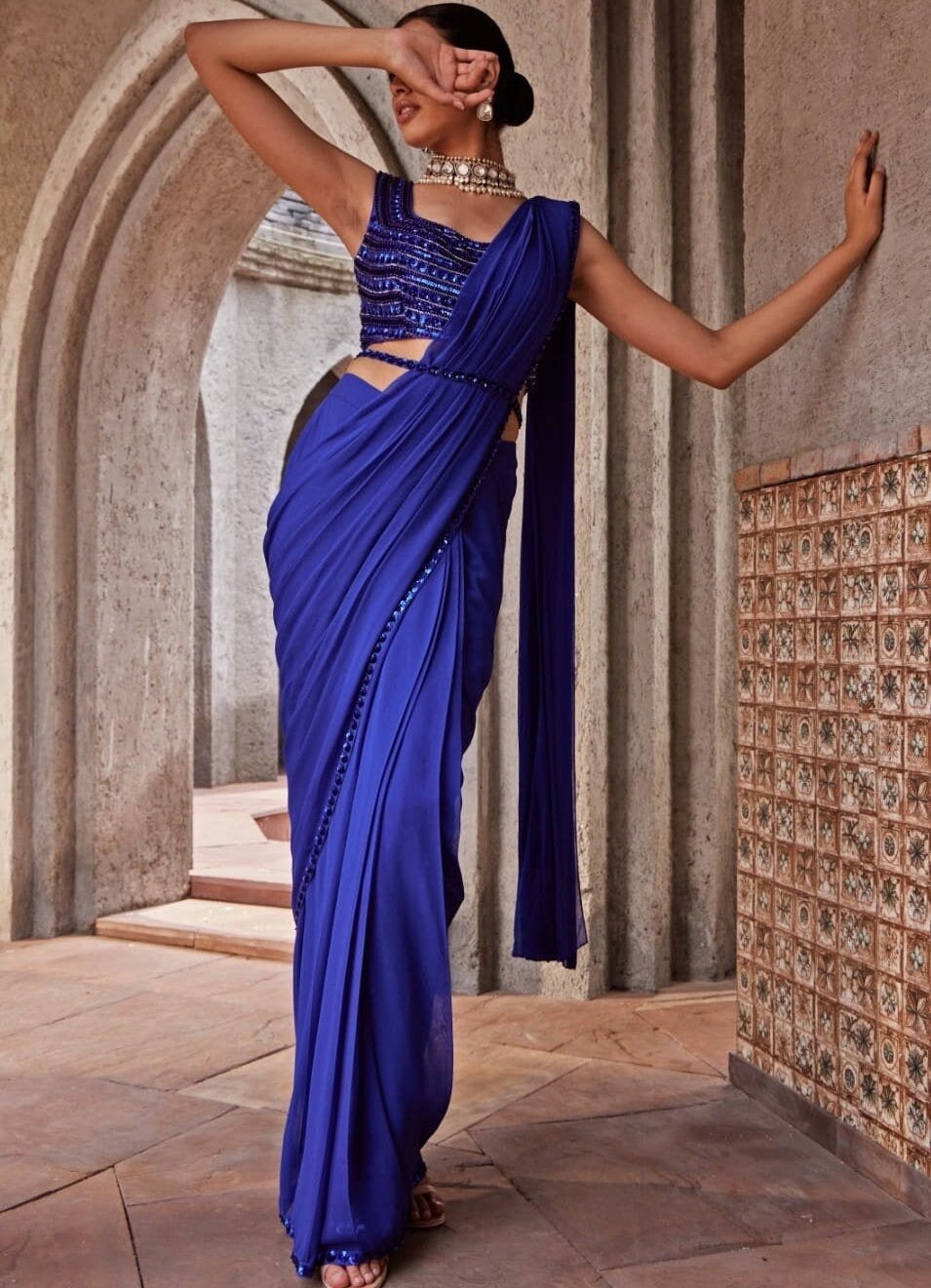 Cobalt Blue Diva Saree With Belt Nidhika Shekhar - Fabilicious Fashion