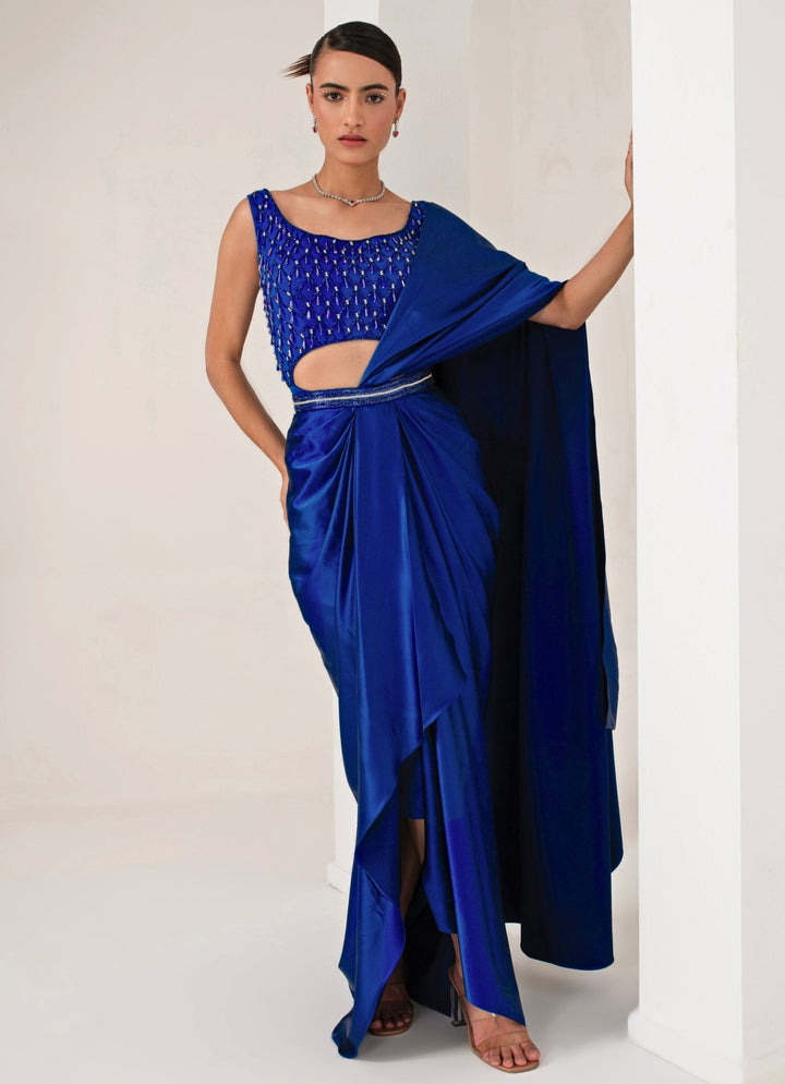 Cobalt Blue Dress Cum Pre Draped Saree Akara - Fabilicious Fashion