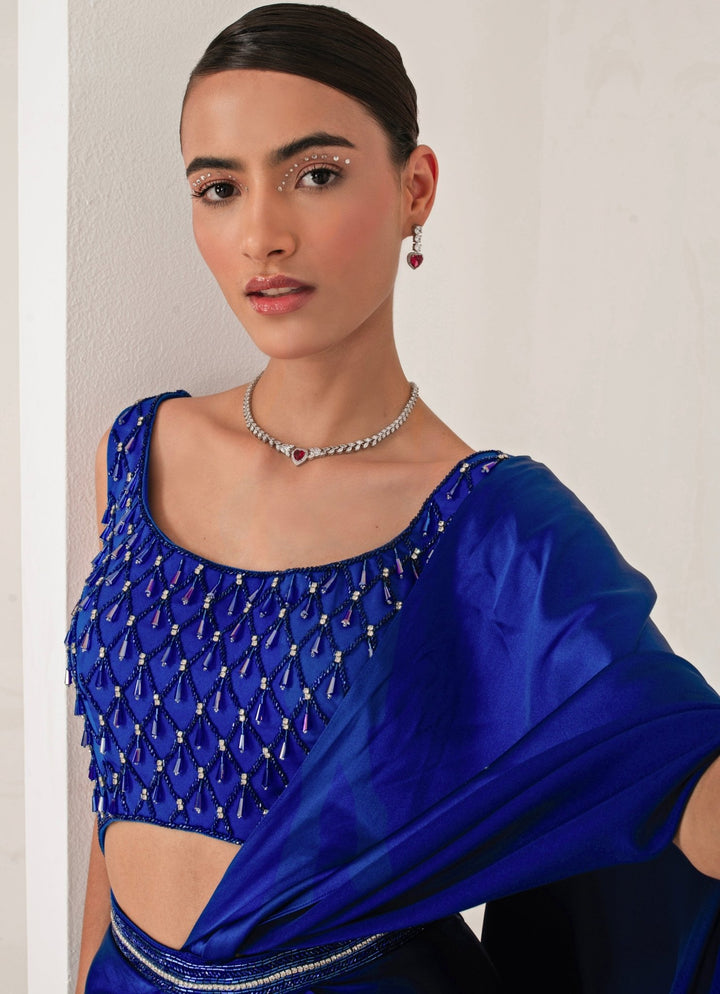 Cobalt Blue Dress Cum Pre Draped Saree Akara - Fabilicious Fashion