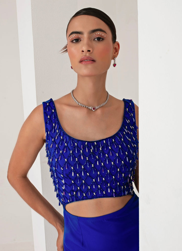 Cobalt Blue Dress Cum Pre Draped Saree Akara - Fabilicious Fashion