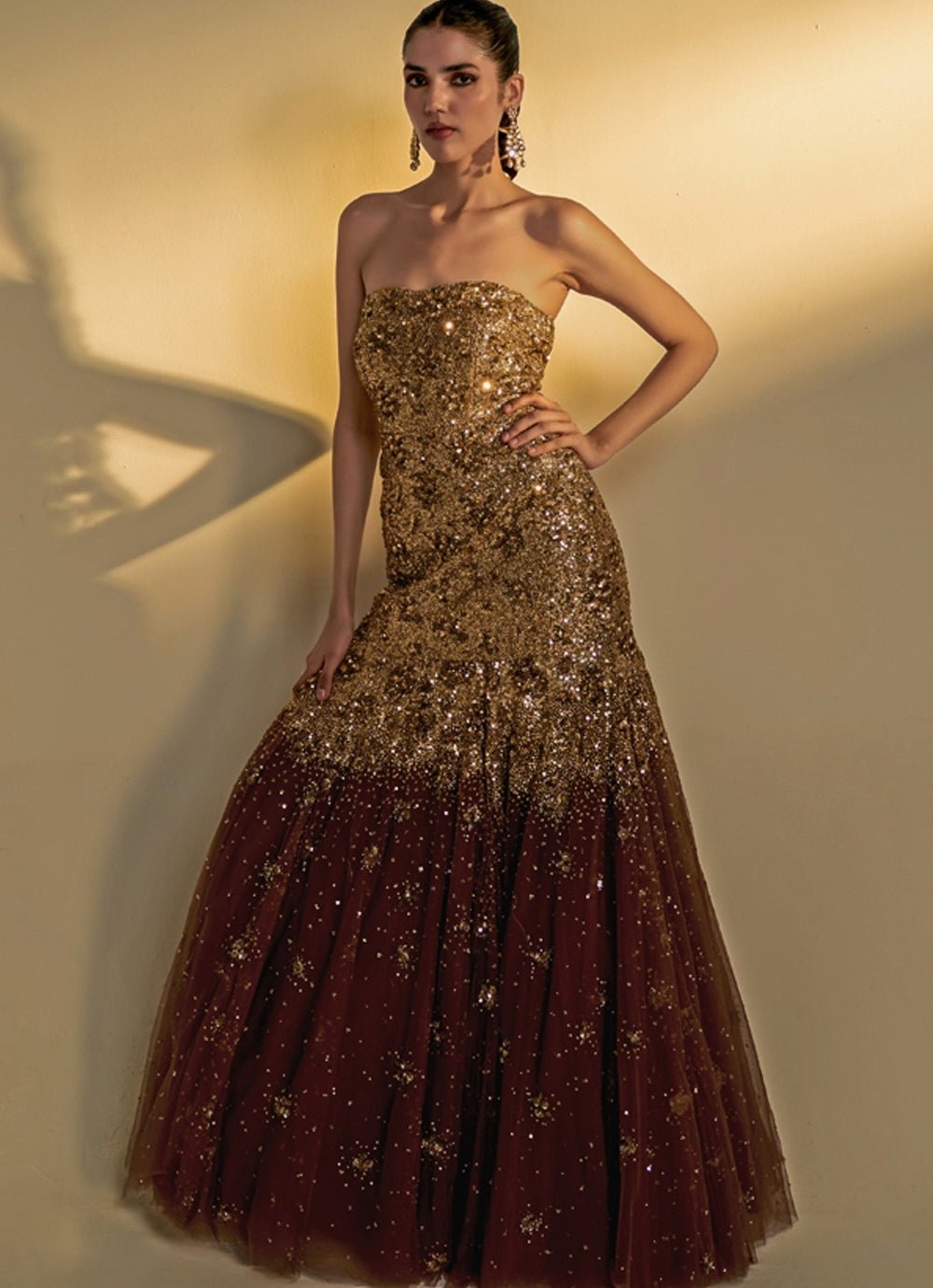 Prevasu  Copper Gold Sequined Soft Net Gown  Fabilicious Fashion