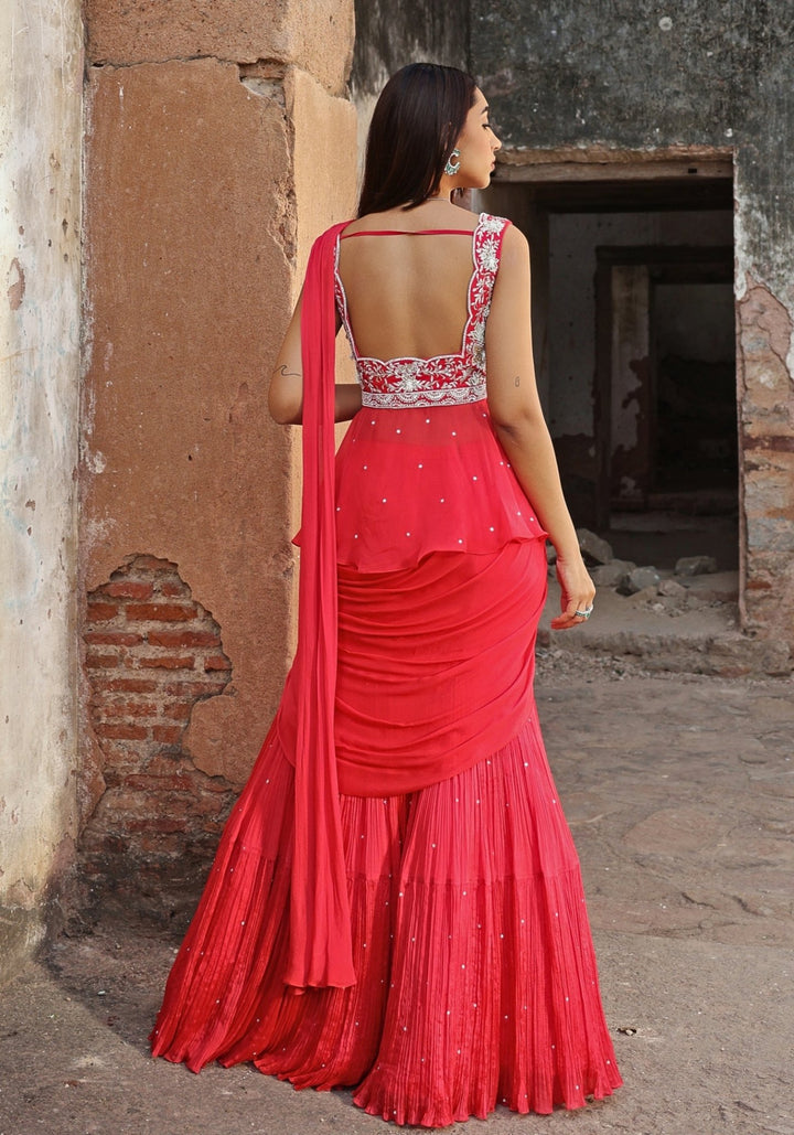 Coral Pink Pre-stitched Saree with Peplum Top Seema Thukral - Fabilicious Fashion
