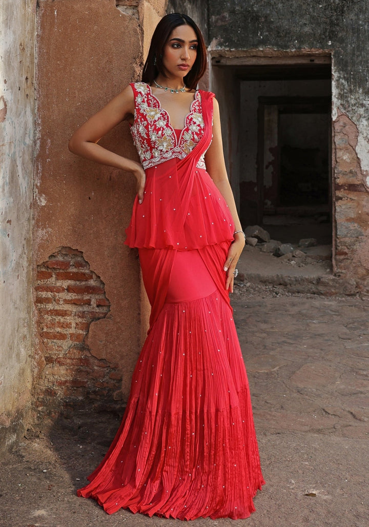 Coral Pink Pre-stitched Saree with Peplum Top Seema Thukral - Fabilicious Fashion