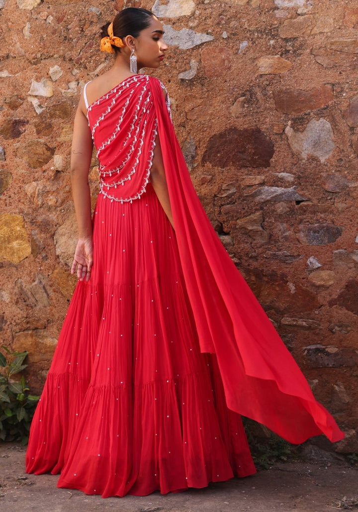 Coral Pink Tiered Skirt set Seema Thukral - Fabilicious Fashion