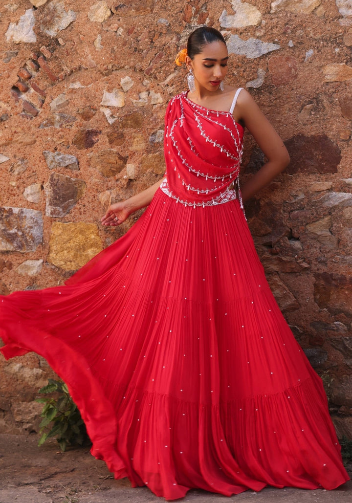 Coral Pink Tiered Skirt set Seema Thukral - Fabilicious Fashion