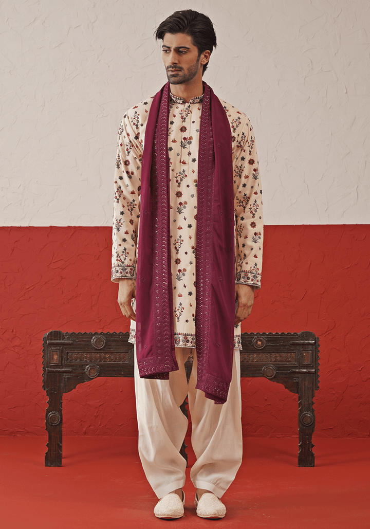 Cream Multi - Color Sequinned Kurta Set With Dupatta Kalpraag - Fabilicious Fashion