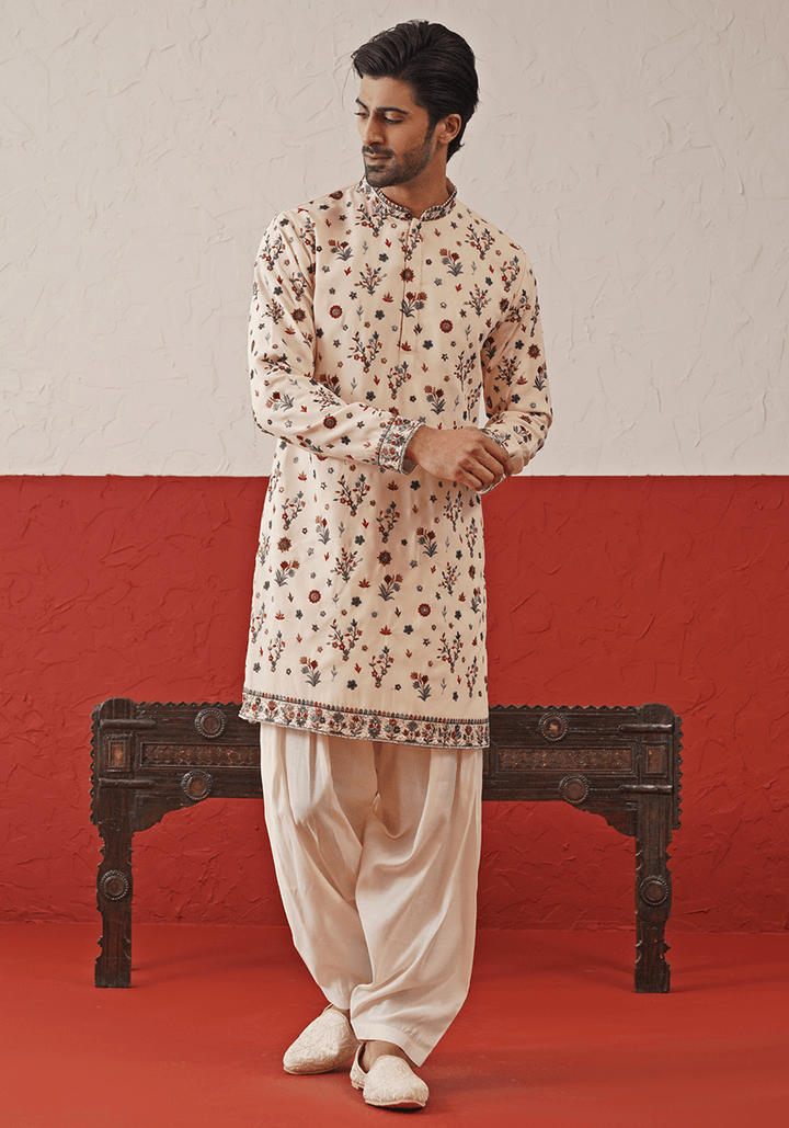 Cream Multi - Color Sequinned Kurta Set With Dupatta Kalpraag - Fabilicious Fashion